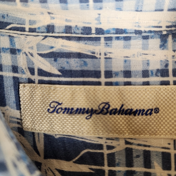 Tommy Bahama Mens Silk Button Down Shirt‎ Large Blue Plaid Palm Hawaiian Print - Picture 5 of 8